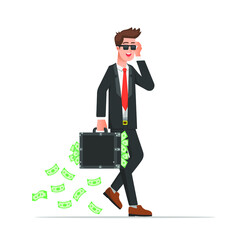 young businessman carrying excessive money in his suitcase
