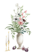 Watercolor composition with flower bouquet in antique vase. Aesthetic element of summer garden. Floral decoration, botanical elements. Delicate, romantic, vintage, botanical art