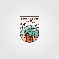 surf club emblem logo vector illustration design, ocean wave logo design