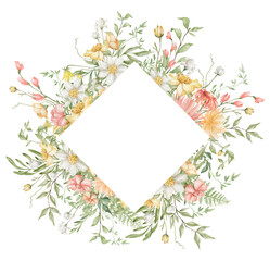 Watercolor floral frame. Bright summer flowers, meadow field, spring peach and yellow flower and leaves. Frame for wedding invitation, card, logo, greeting, promo. Delicate, romantic, feminine art