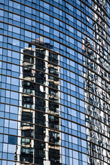 Closeup modern blue glass building