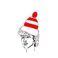 Vector illustration of David wearing a red Christmas hat in hand drawn. Illustration of New Year's Eve with the head of a man in doodle. Design for packaging, social networks, postcards, web.