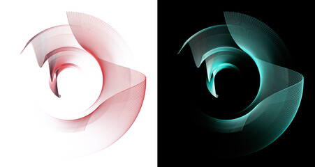 Red and turquoise wavy surfaces are located around the circumference. Set of graphic design elements on white and black backgrounds. 3d rendering. 3d illustration. Logo, icon, symbol, sign.