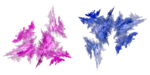 Purple and blue stone surfaces isolated on white background. Exploded stone with veins and circles. Two backgrounds in one. Set of graphic design elements. 3d rendering. 3d illustration.