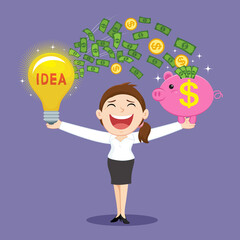 Fototapeta na wymiar Businesswoman holding idea light bulb saving money, illustration vector cartoon