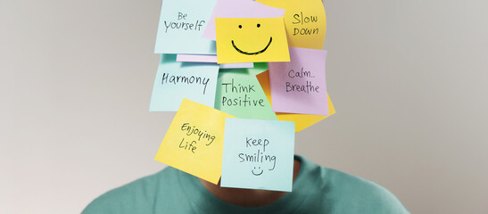 Mental Mind, Enjoying Life Concept. many Sticky Note on Face with Handwriting text. Happy Person