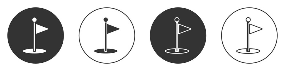 Black Golf flag icon isolated on white background. Golf equipment or accessory. Circle button. Vector Illustration.