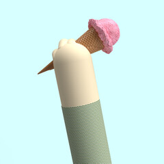 Illustration 3D d'un bras tenant une glace dans sa main, revendication du plaisir, de l'heure de la pause sucrée, de l'été, du plaisir gourmand, des calories, de l'obésité. illustration 3D