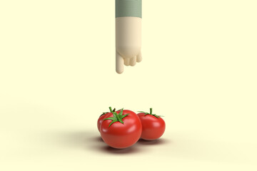 Illustration d"un bras avec un doigt qui pointe sur des tomates, concept de la bonne santé, alimentation saine, de faire ses courses, marché bio,, économie, faire ses courses en ligne. rendu 3D