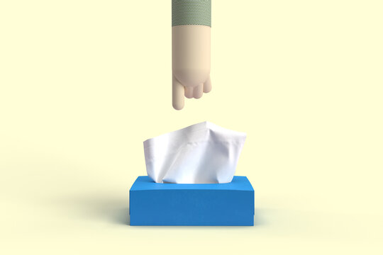 Illustration d"un bras avec un doigt qui pointe sur une boite de mouchoir. Concept de l'hiver, du froid, de se prot&eacute;ger, d'&ecirc;tre enrhum&eacute;, de prendre froid, d'&ecirc;tre malade, d'&ecirc;tre triste, de la tristesse