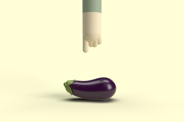 Bras avec un doigt qui pointe sur une aubergine. Concept de manger de façon saine, manger des produits sain, vivre sainement, bonne hygiène de vie, en bonne santé, avoir du désir, sexy, rapport sexuel