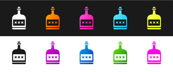 Set Alcohol drink Rum bottle icon isolated on black and white background. Vector Illustration.