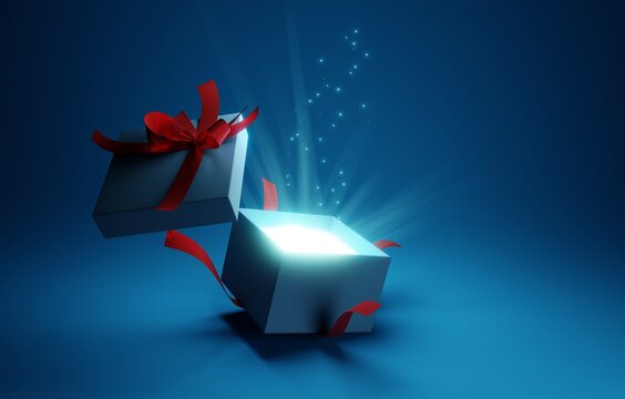 Open gift box with ray of light effect on blue background. 3d rendering