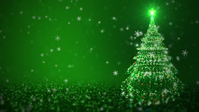Christmas tree with particle and shining light on green background. with a depth of field focus, falling snowflakes and stars. Christmas or New Year background Concept.
