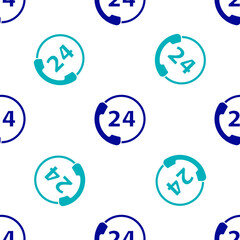 Blue Telephone 24 hours support icon isolated seamless pattern on white background. All-day customer support call-center. Full time call services. Vector Illustration.