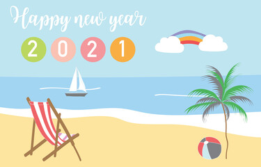 Cute natural background with sea,ship,mountain,rainbow.Happy new year 2021