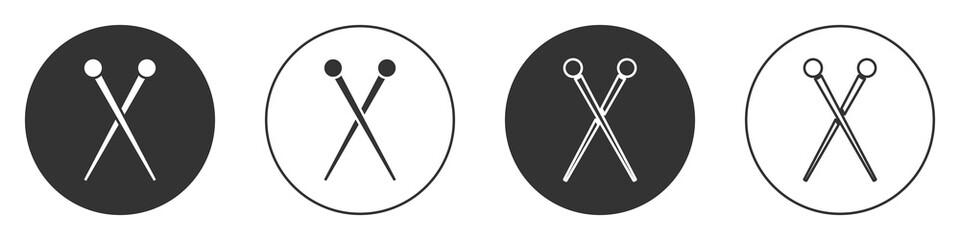Black Knitting needles icon isolated on white background. Label for hand made, knitting or tailor shop. Circle button. Vector Illustration.