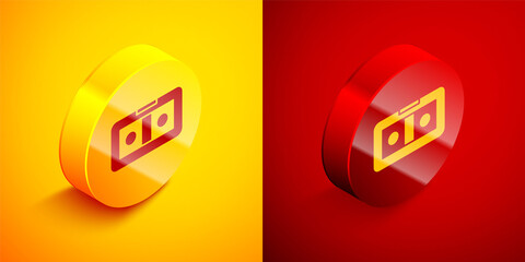 Isometric VHS video cassette tape icon isolated on orange and red background. Circle button. Vector Illustration.