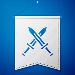 Blue Crossed medieval sword icon isolated on blue background. Medieval weapon. White pennant template. Vector.