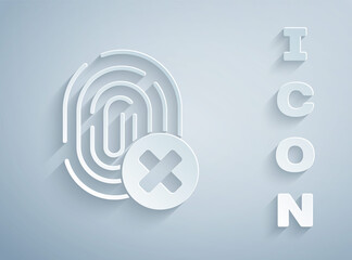 Fototapeta premium Paper cut Cancelled fingerprint icon isolated on grey background. Access denied for user concept. Error, fraud. Identification sign. Touch id. Paper art style. Vector.