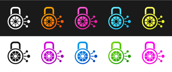 Set Cyber security icon isolated on black and white background. Closed padlock on digital circuit board. Safety concept. Digital data protection. Vector.