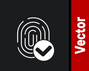 White Fingerprint icon isolated on black background. ID app icon. Identification sign. Touch id. Vector.