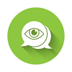 White Eye scan icon isolated with long shadow. Scanning eye. Security check symbol. Cyber eye sign. Green circle button. Vector.