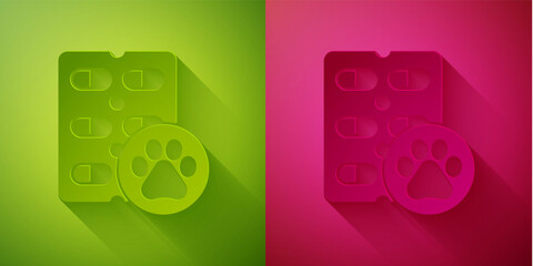 Paper cut Dog pill icon isolated on green and pink background. Prescription medicine for animal. Paper art style. Vector.