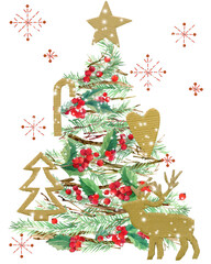 Christmas tree. watercolor Christmas tree, reindeer, holly branches, snow, snowflake, forest tree branch background. 