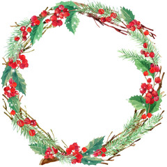 Christmas wreath watercolor illustrations. Happy New Year background. Winter woodland. 