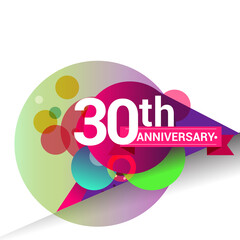 30th Anniversary logo with colorful geometric background, vector design template elements for your birthday celebration.