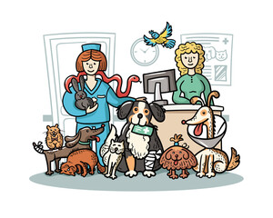 Vector colorful illustration on the theme of pets, animals, help, veterinary clinic, medicine. Cartoon cats, dogs, birds, rabbits, snakes. Background for use in design