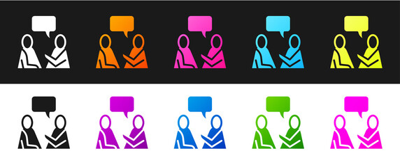 Set Two sitting men talking icon isolated on black and white background. Speech bubble chat. Message icon. Communication or comment chat symbol. Vector.