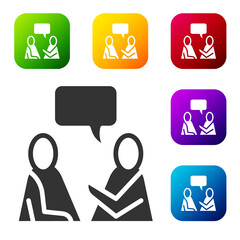 Black Two sitting men talking icon isolated on white background. Speech bubble chat. Message icon. Communication or comment chat symbol. Set icons in color square buttons. Vector.