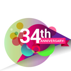 34th Anniversary logo with colorful geometric background, vector design template elements for your birthday celebration.