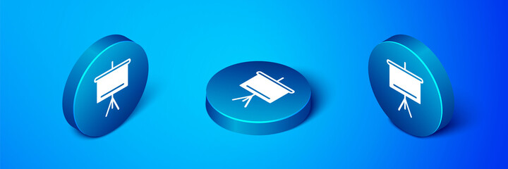 Isometric Chalkboard icon isolated on blue background. School Blackboard sign. Blue circle button. Vector.