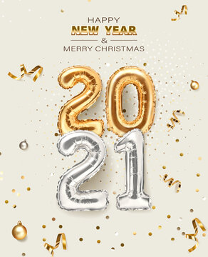 2021 golden decoration holiday on beige background. Shiny party background. Gold foil balloons numeral 2021 with realistic festive objects, glitter gold confetti and serpentine. Happy new year 2021