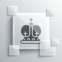 Grey British crown icon isolated on grey background. Square glass panels. Vector.