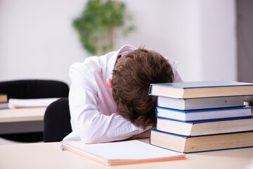 Schoolboy preparing for exams in the classroom