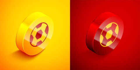 Isometric Football ball icon isolated on orange and red background. Soccer ball. Sport equipment. Circle button. Vector.