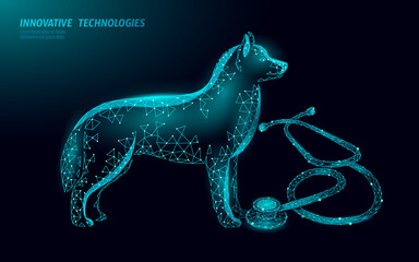 Veterinary clinic dog pet standing alone. Low poly polygonal 3D dog silhouette companion. Animal medical center banner template vector illustration