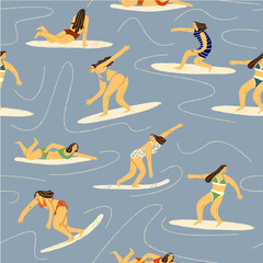 Vector illustration of girls in bikini on surfboard.