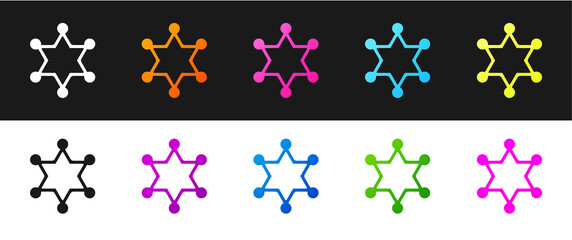 Set Hexagram sheriff icon isolated on black and white background. Police badge icon. Vector.