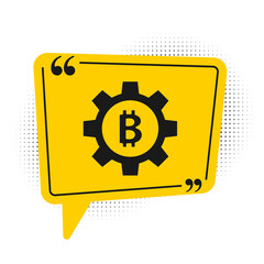 Black Cryptocurrency coin Bitcoin icon isolated on white background. Gear and Bitcoin setting. Blockchain based secure crypto currency. Yellow speech bubble symbol. Vector.