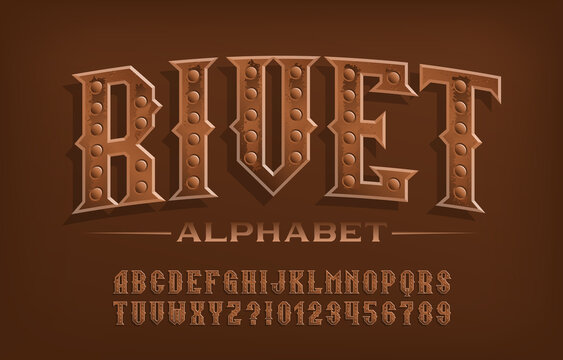Rivet alphabet font. Steampunk rusty letters and numbers. Stock vector typescript for your design.