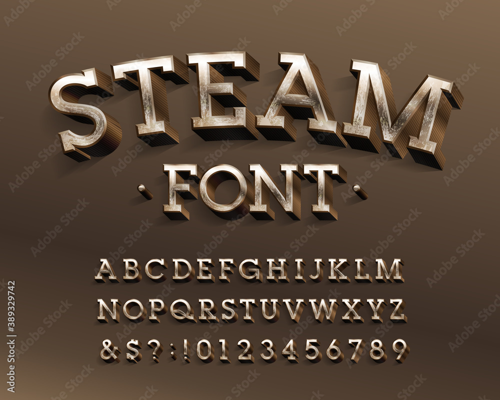 Fototapete steam alphabet font. 3d steampunk brass letters and numbers. stock vector typescript for your design