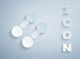 Paper cut Dumbbell icon isolated on grey background. Muscle lifting icon, fitness barbell, gym, sports equipment, exercise bumbbell. Paper art style. Vector.