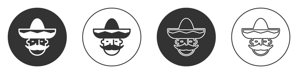 Black Mexican man wearing sombrero icon isolated on white background. Hispanic man with a mustache. Circle button. Vector.
