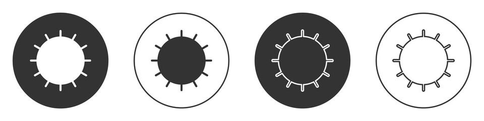 Black Sun icon isolated on white background. Summer symbol. Good sunny day. Circle button. Vector.