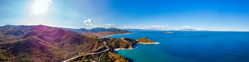 Fototapeta na wymiar Drone aerial view of sea and rocks in Olympiada, Halkidiki, Greece